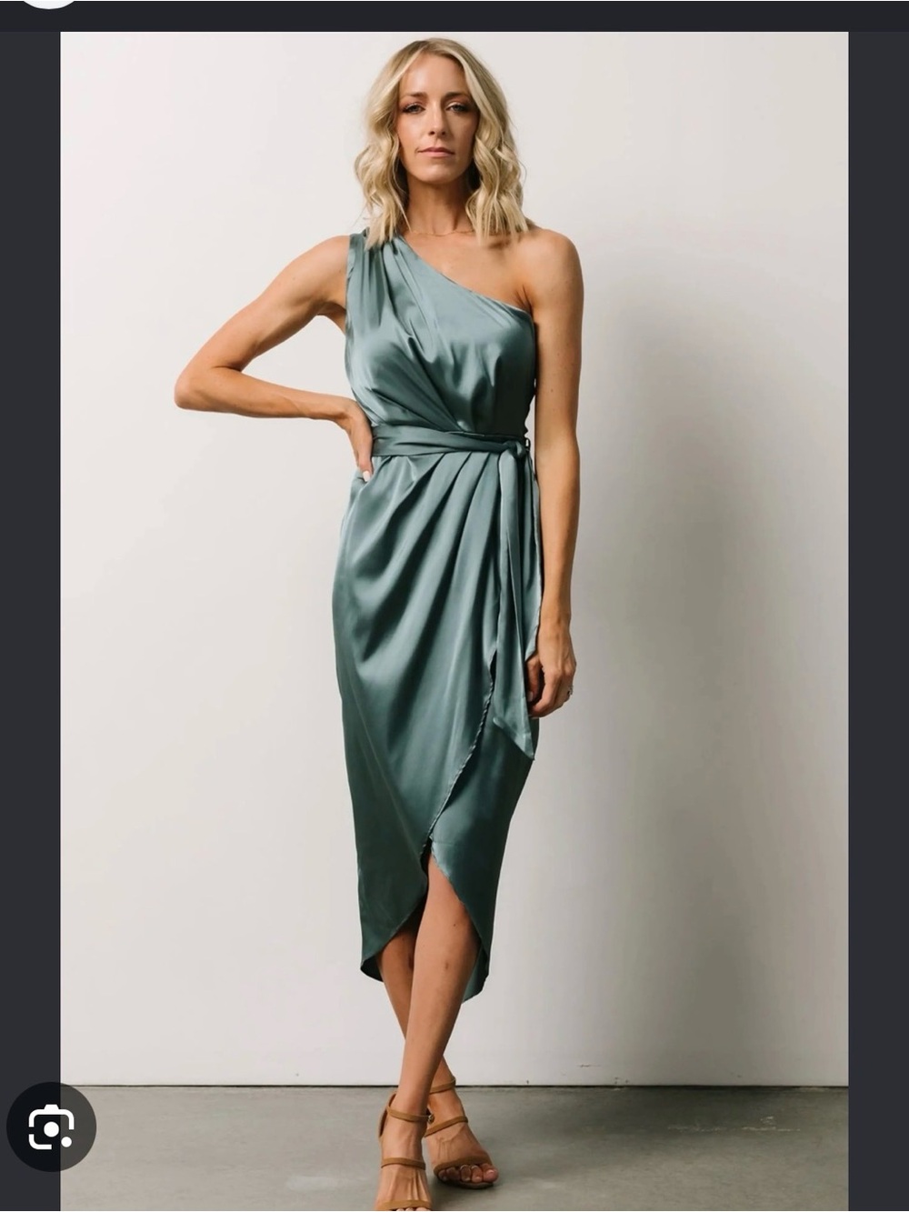 Baltic Born One-Shoulder Satin Midi Dress in Sage